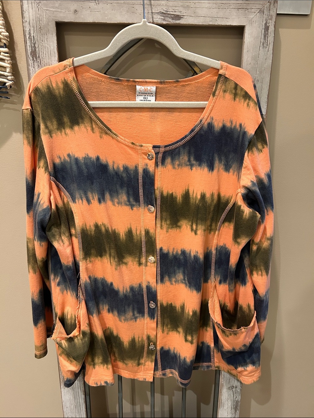 CMC Orange Tie-Dye Button-Front Top with Navy & Olive
